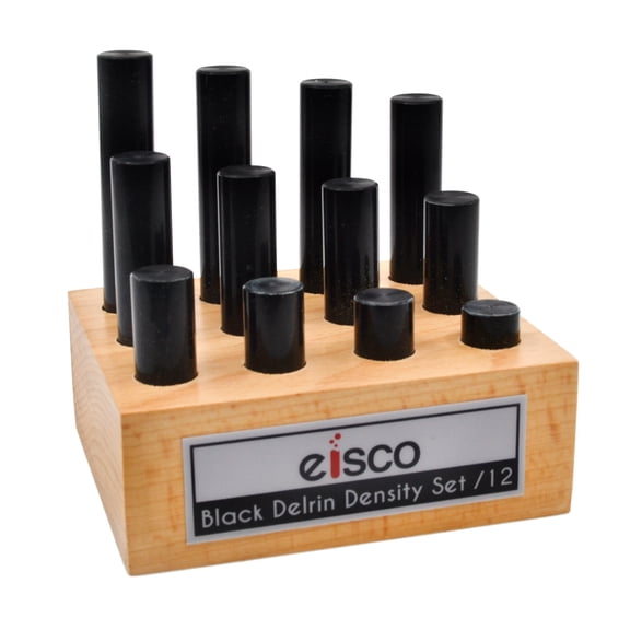 12pc Cylindrical Bars Density Set, Black Derlin - Various Lengths - Includes Wooden Storage Block - For Studying Density & Mass - Eisco Labs