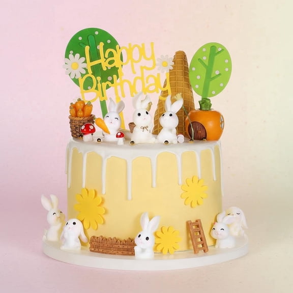 Bunny Cake Topper Set Rabbit Decorations Figurines Carrot Cake Decor Happy Birthday Party DIY Garden Decor