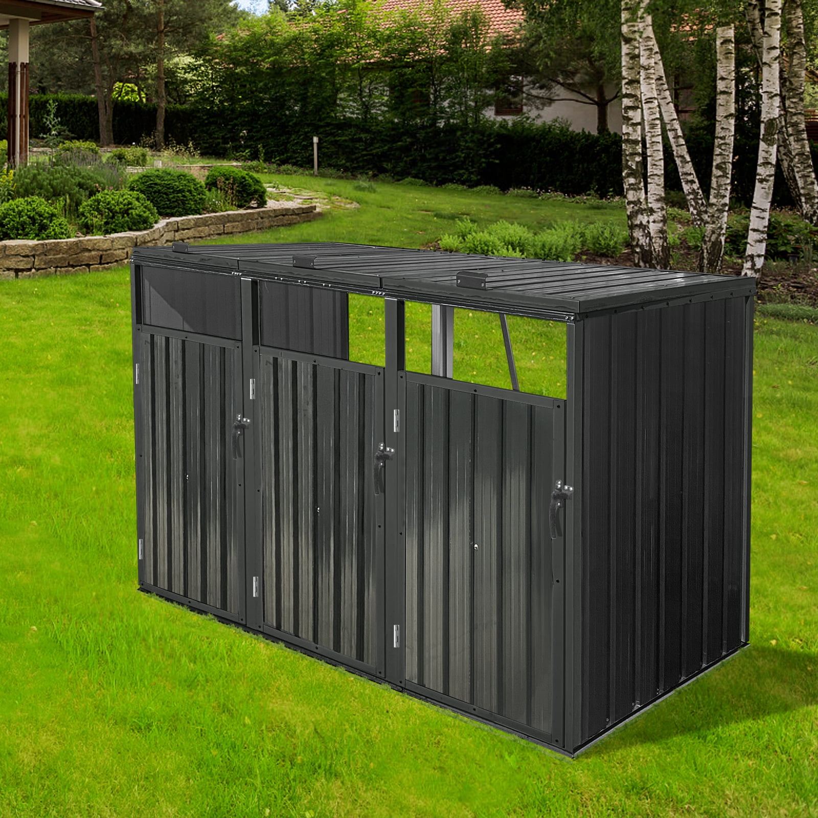 Royard Oaktree 3-Trash Can Metal Garbage Bin Shed - Outdoor Galvanized Steel Storage Shed with Lockable Lid & Ventilated Design for Garden, Yard, Pool Area, Black
