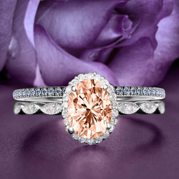 Art Deco 2.25 Carat Oval Cut Morganite And Diamond Moissanite Classic Engagement Ring, Halo Wedding Ring in 925 Sterling Silver With 18k White Gold Plating Gift For Her, Bridal Set, Matching Band