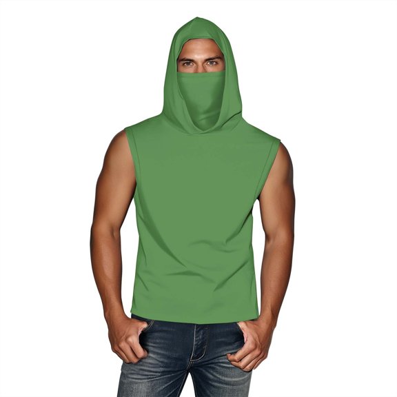 Olyvenn Unisex Casual Hooded Tops with Ear-Hook Face Mask Solid Color Sun Protection Short-Sleeve Ice Silk Shirts Green XXL