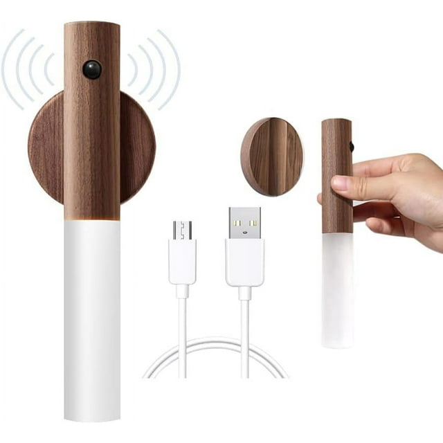 Lámpara de pared de madera recargable por USB con interruptor, luces de pared inalámbricas de batería para interiores con sensor de movimiento, luz blanca cálida magnética para dormitorio.