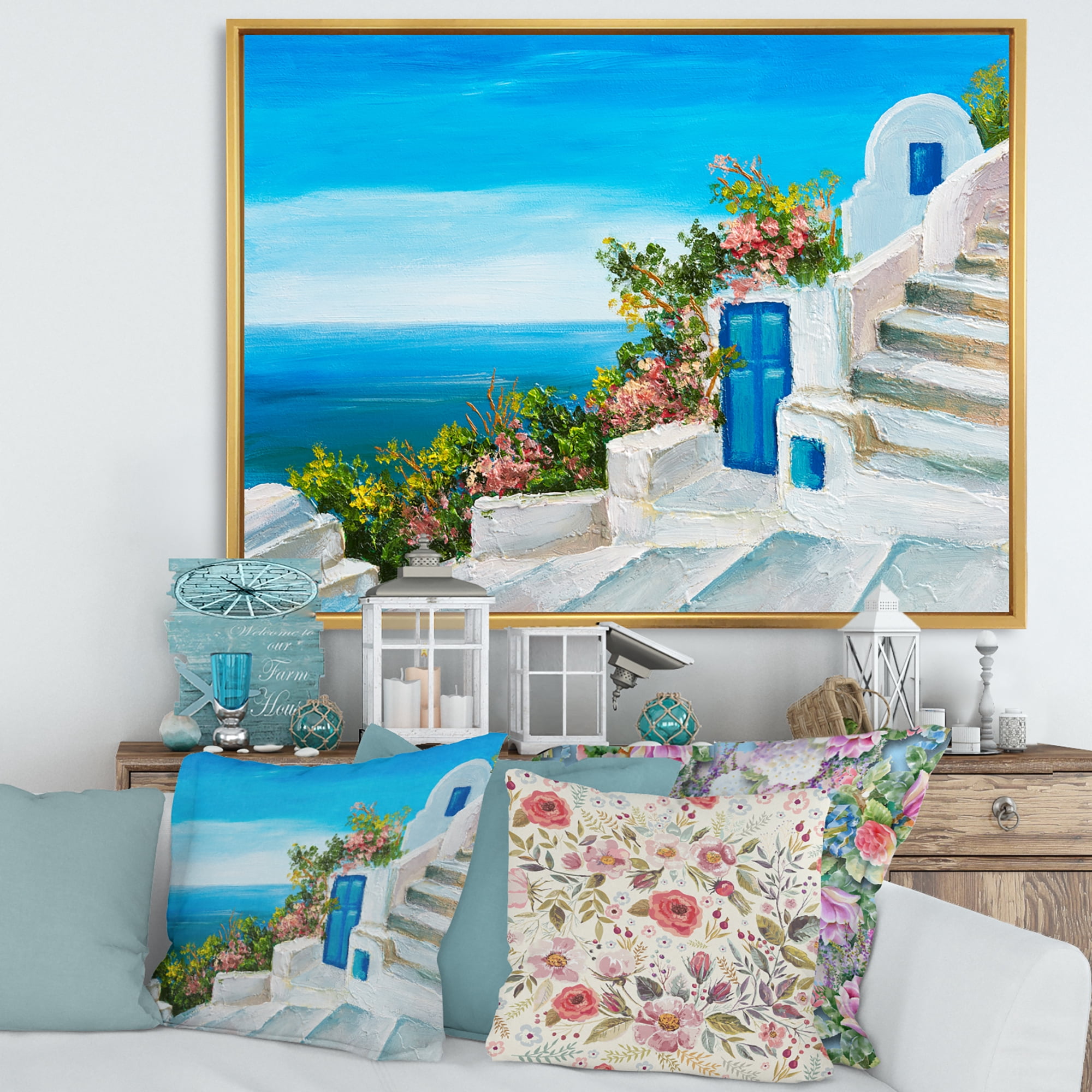 Designart 'House With Colorful Flowers Near The Sea IV' Nautical & Coastal Framed Canvas Wall Art Print