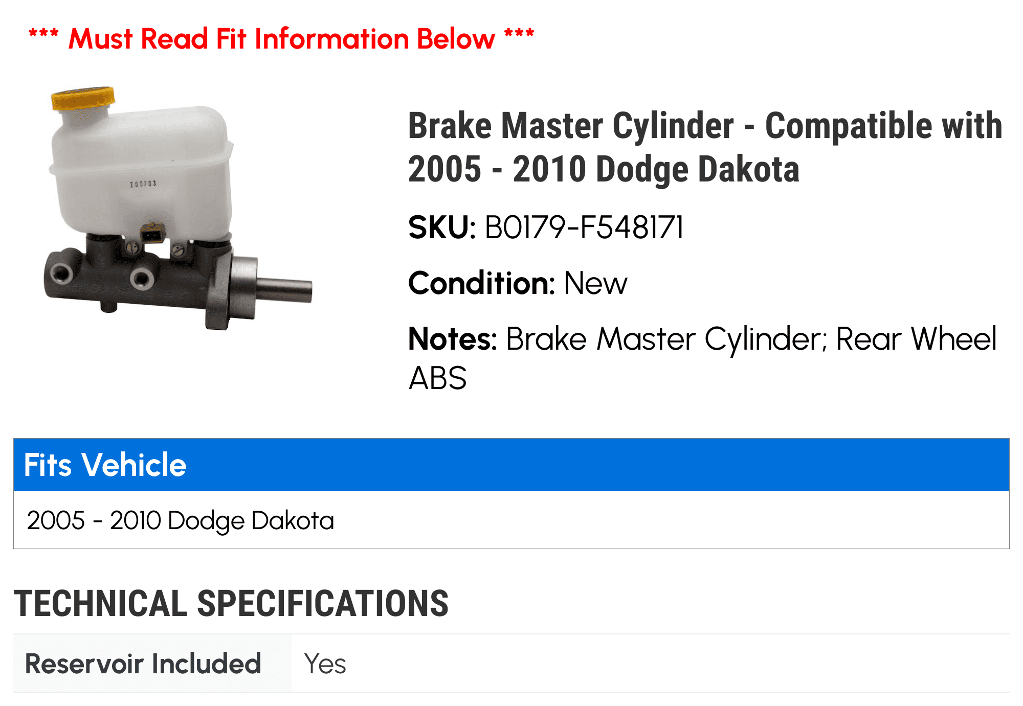Brake Master Cylinder - Compatible with 2005 - 2010 Dodge Dakota - Dynamic Friction
