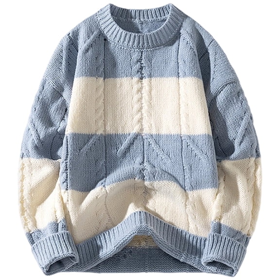 GBSYEWXS Men Pullover Sweaters Long Sleeve Pullover Elegant Striped Print Soft Light Blue Crew Neck Sweater