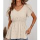 thumbnail image 2 of Top de verano para mujer, cuello en V, mangas de pétalos, dobladillo con volantes, botón frontal, Jacquard, punto, cintura elástica, camisa de verano, Top Albaricoque XL, 2 of 6