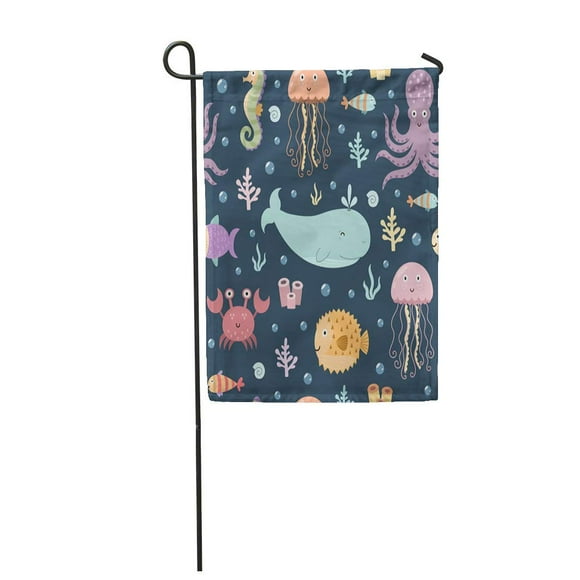 POGLIP Colorful Baby Sea Life Cute with Whale Octopus Jellyfish Crab Seahorse and Globe Garden Flag Decorative Flag House Banner 28x40 inch