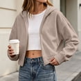 thumbnail image 2 of Women Cropped Zip Up Hooded Jacket, Solid Color Long Sleeve Drop Shoulder Casual Outerwear Layering Coat S‑XXL Coffee L(L), 2 of 9