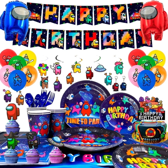 Among Us Birthday Party Supplies,171pcs Among Us Birthday Decorations for Boys Kids - Among Us Paper Plates & Cups Tablecloth Balloons Banner Cake Topper Stickers ect Among Us Party Supplies