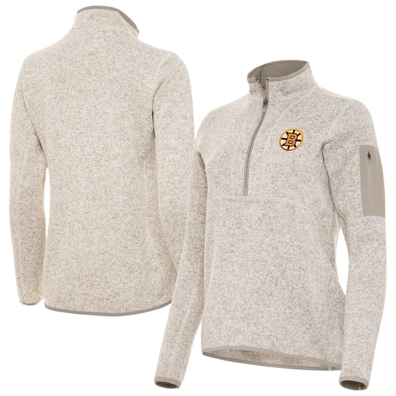 Women's Antigua Oatmeal Boston Bruins Fortune Half-Zip Pullover