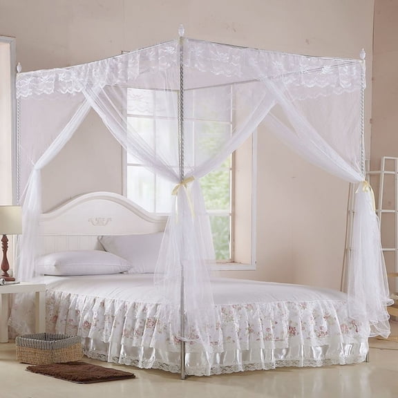 Rupoun Luxury Princess Three Side Openings Post Bed Curtain Canopy Netting Mosquito Net Bedding for Bedroom, Queen Size (59.1x78.7 inches / 150x200 cm), White
