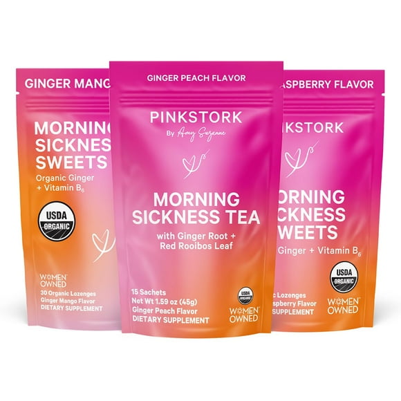 Pink Stork Morning Sickness Bundle with Organic Ginger Peach Tea and Sweets, Supports Morning Sickness for Pregnant Women, Digestion, and Motion Sickness, 1st Trimester