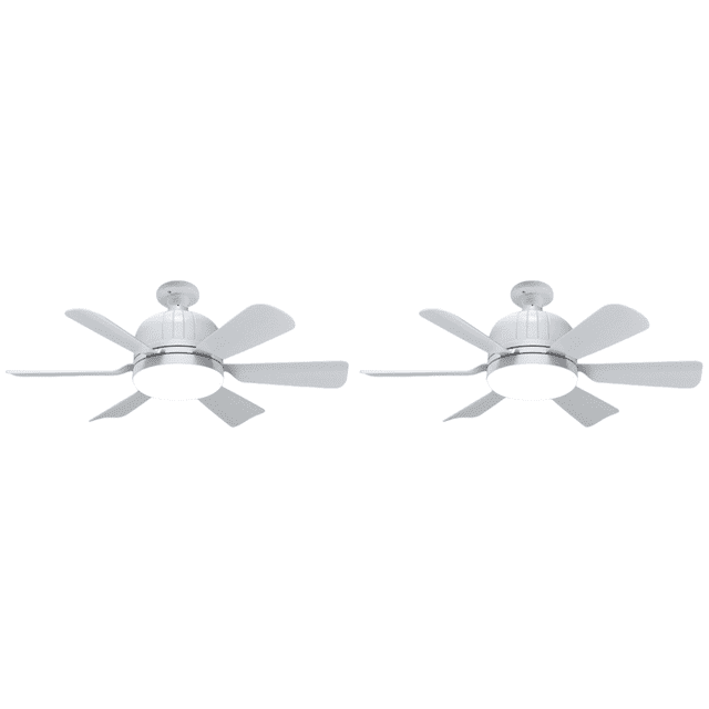ventilador de techo led 40w lámpara de ventiladores con control remoto lámpara e27 para el hogar blanco dos unidades en vista frontal, cada ventilador con 6 aspas blancas, cuerpo y carcasa en ABS blanco, difusor LED integrado 40W, temperatura 3000–6500K, control por pared y remoto, tamaño aprox. 460×165×50 mm; ideal para salas o comedores de 10–25 m² y a menudo usado para ventilar e iluminar espacios pequeños.