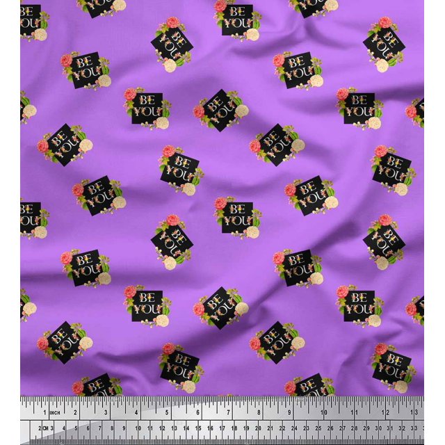 Soimoi Purple polyester Crepe Fabric Floral & Be You Text Print Fabric by Yard 52 Inch Wide