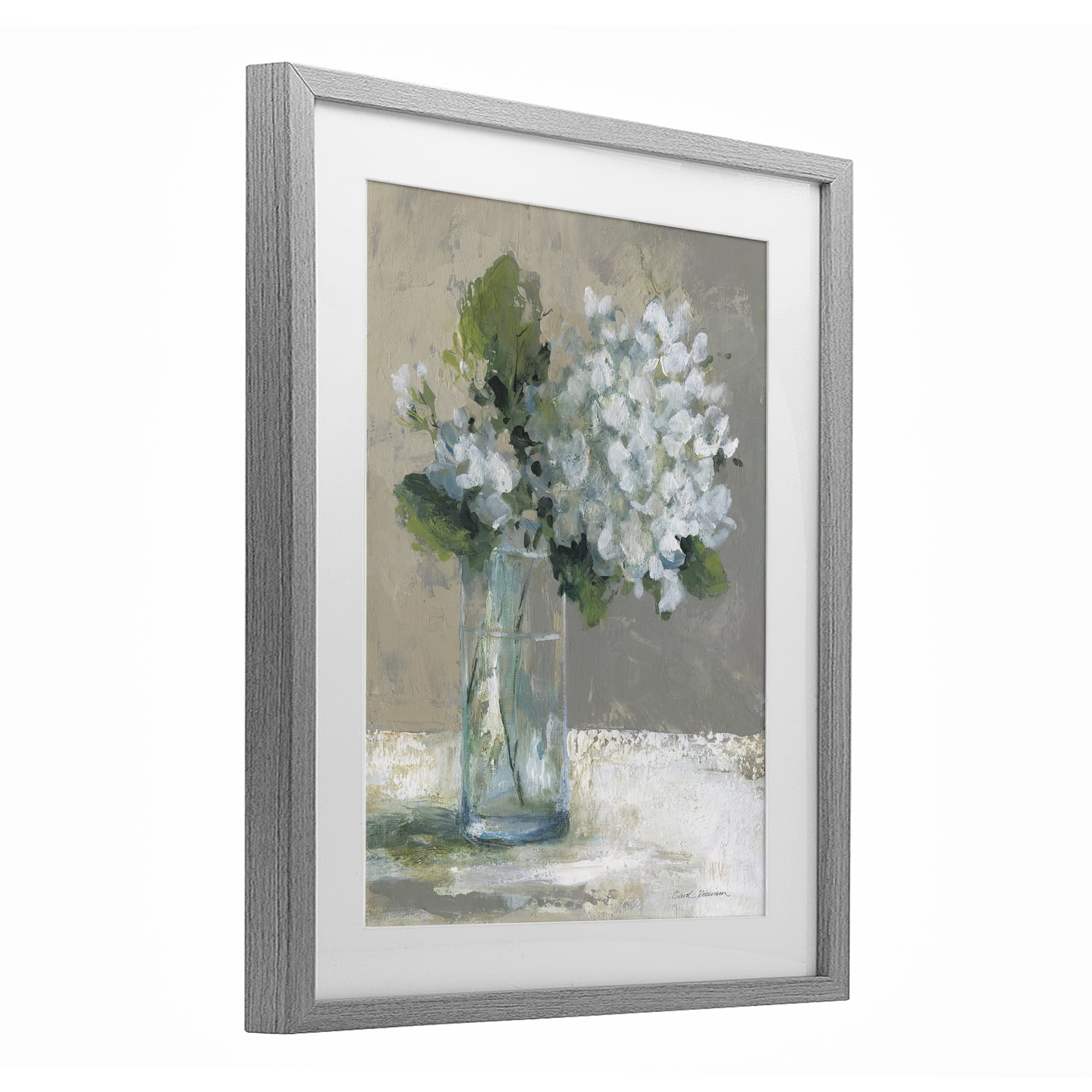 Stupell Industries Serene White Hydrangeas in Glass Gray Framed Print Under Glass, design by Carol Robinson