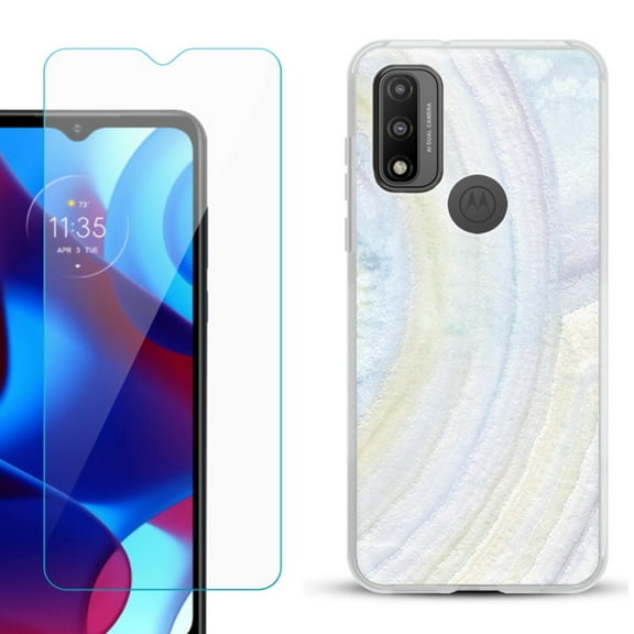 Slim-Fit Gel TPU Phone Case for Motorola Moto G Pure, with Tempered Glass Screen Protector, by OneToughShield ® - Marble / Rainbow