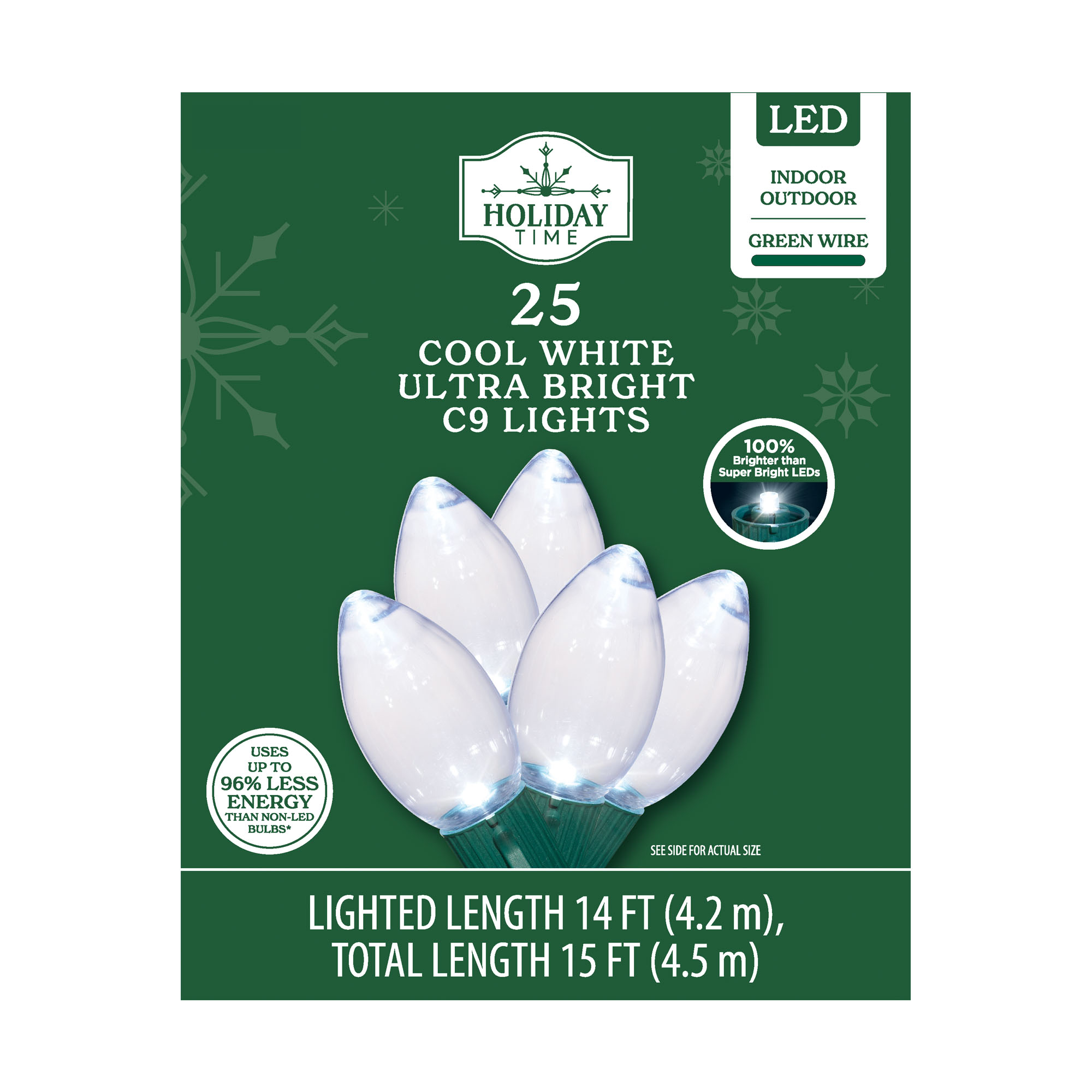 Indoor/Outdoor 25-Count Ultra Bright LED C9 Christmas Lights, Cool White, 14', Holiday Time