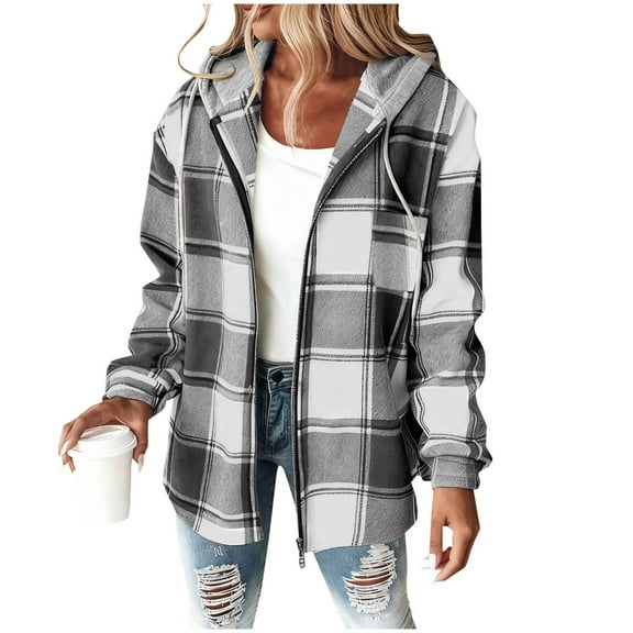 Womens Plaid Shacket Jacket, Fashion Zipper Hooded Coat, Long Sleeve Drawstring Overcoat, Thicken Warm Outerwear 2025 Trendy Jacket Casual Loose Outwear(Gray,XL)