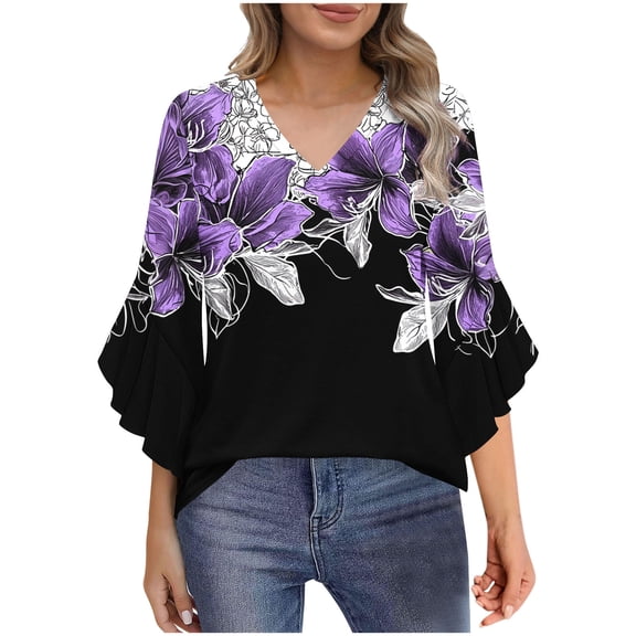 CLOISE Womens 3/4 Sleeve Tops and Blouses V Neck Shirt Button Graphic Pullover Cute Fall Winter Clothes Purple S