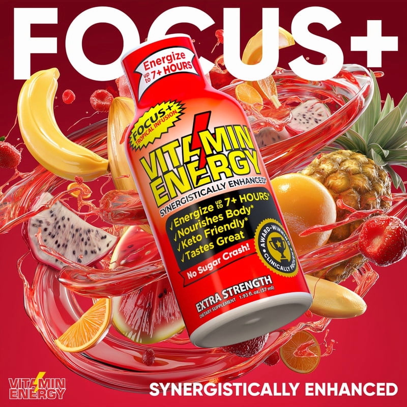 Vitamin Energy Focus+ Extra Strength Shot, Tropical Infusion, 48 Pack – 260mg Natural Caffeine, CoQ10 & B-Vitamins, Zero Sugar, 1.93 fl oz