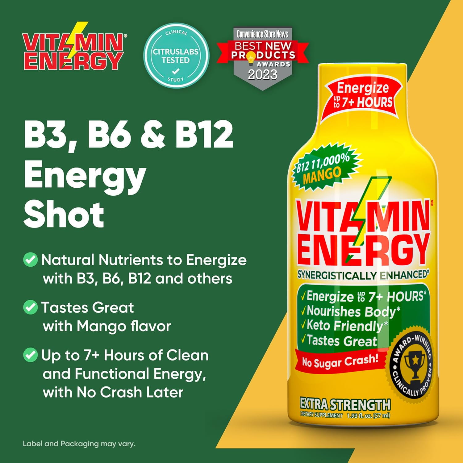 Vitamin Energy B12 Extra Strength Shot, Mango, 12 Pack – 260mg Natural Caffeine, 11,000% DV B12 & B6, Zero Sugar, 1.93 fl oz