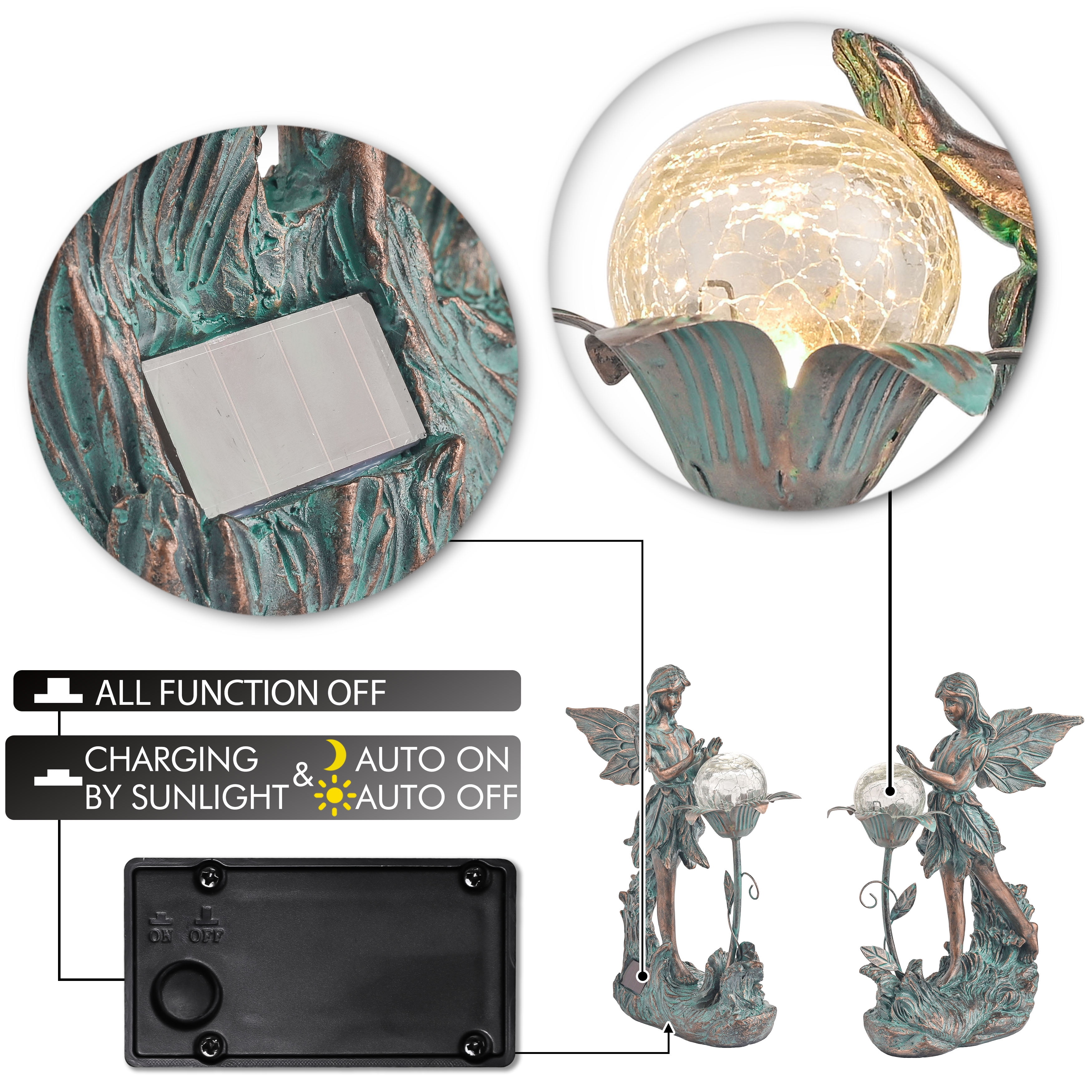 TERESA'S COLLECTIONS Garden Fairy Large Bronze Garden Sculptures & Statues Resin with Solar Outdoor Light, 11"