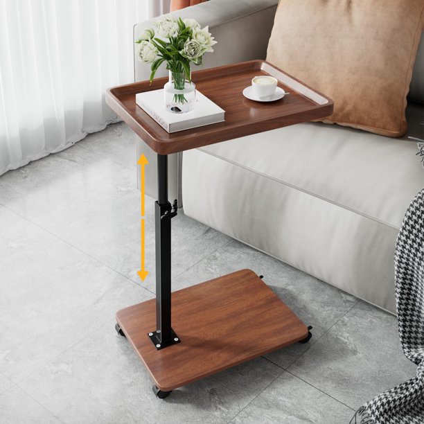 Mesa auxiliar C Table, altura ajustable, bandeja de TV giratoria de 360°, color nogal