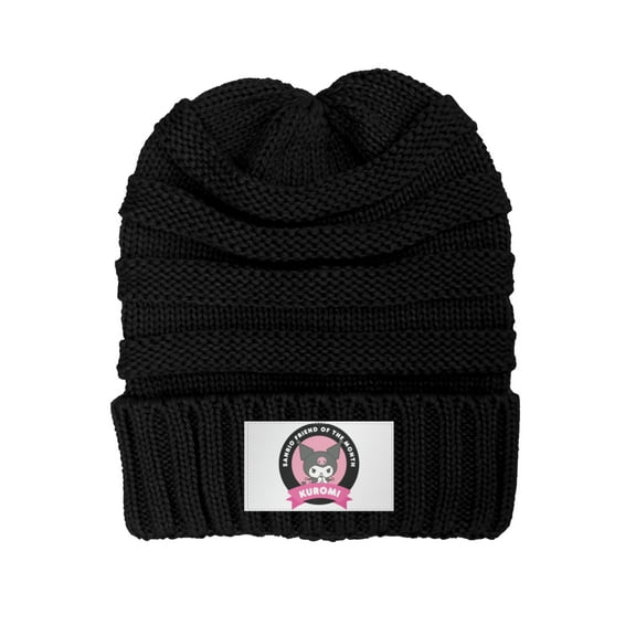 Kuromi Ponytail Beanie for Women Winter Warm Beanie Tail Soft Stretch Cable Knit Messy High Bun Hat Black