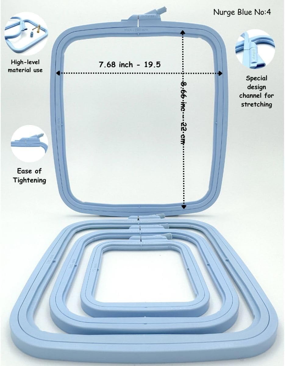 Nurge Blue Square Embroidery Hoops, 4 Pcs Set – ABS Plastic Frames for Cross Stitch, Sewing & Needlework, DIY Crafts (Multi-Size)