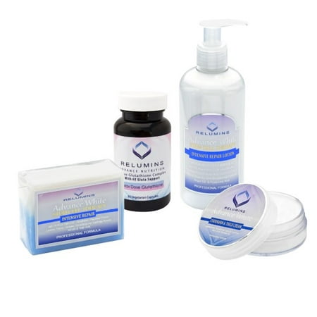 Relumins Body Whitening Gluta Set - Treats Dark or Uneven Skin - Includes Intimate Whitening Cream- 4pc Set - Intensive Repair Lotion -Stem Cell Soap - Underarm & Intimate Cream - 6X (Best Skin Whitening Soap And Lotion)