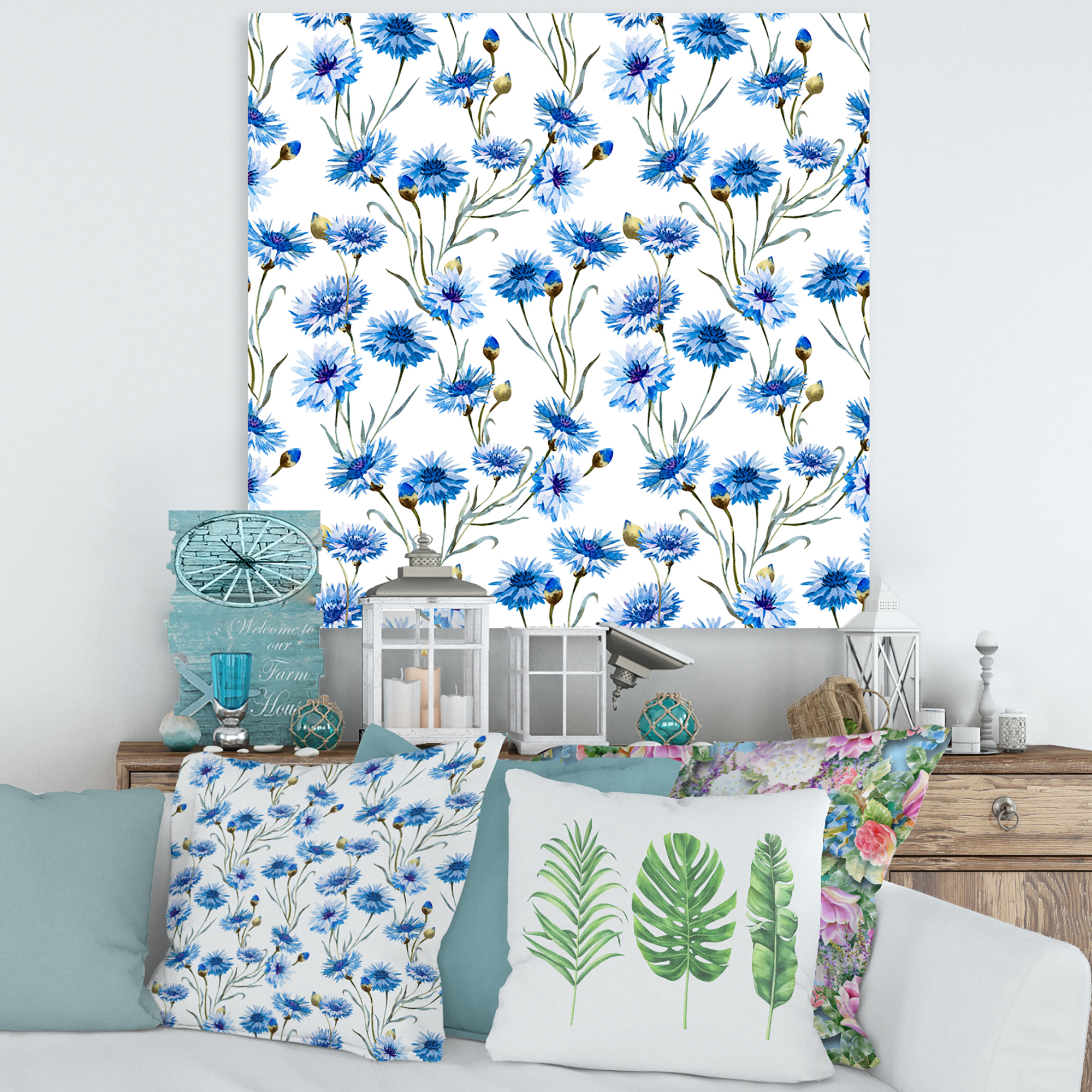 Designart ' Blue Cornflowers With Green Leaves On White II ' Traditional Canvas Wall Art Print