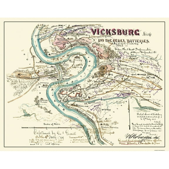 Historical Civil War Map - Vicksburg Mississippi Rebel Batteries - Sherman 1863 - Vintage Wall Art