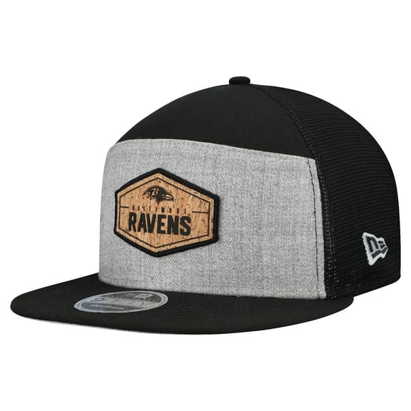 Men's New Era Gray/Black Baltimore Ravens Cork Split Panel 9FIFTY Trucker Snapback Hat