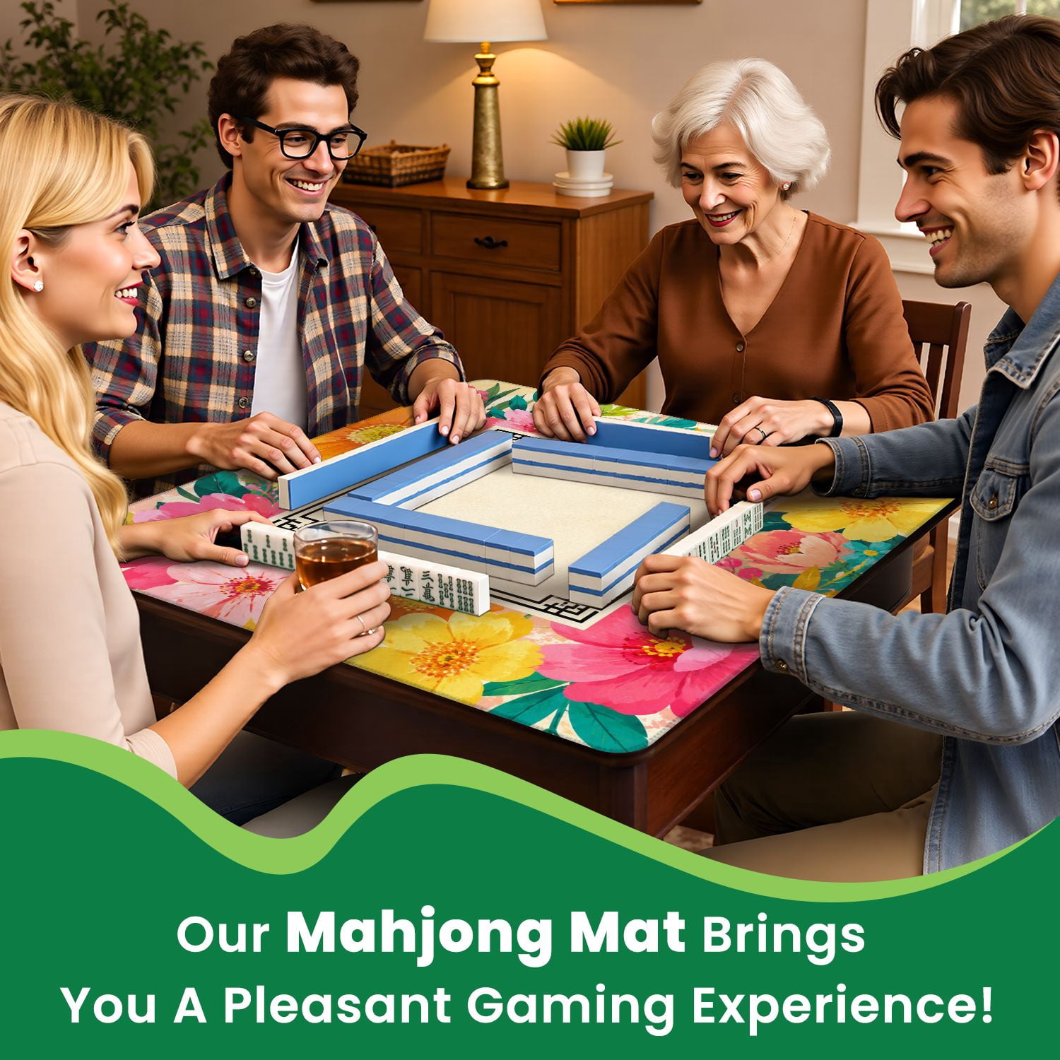 Mahjong Mat 31.5" x 31.5" Floral Vibrant Pink Orange Flowers Paisley Swirls Yellow Non-Slip Noise Reduction Mahjong Tiles Table Cover for Dominoes Poker Card Board and Tile Games