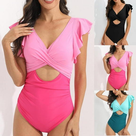 Jacenvly Womens One-Piece Swimsuit Comfortable Women's Ruffle Conservative Piece Swimsuit Chest Hollow Colorblocking Backless Swimsuit Multicolor Fashion Womens Swimwear Plus Size Black
