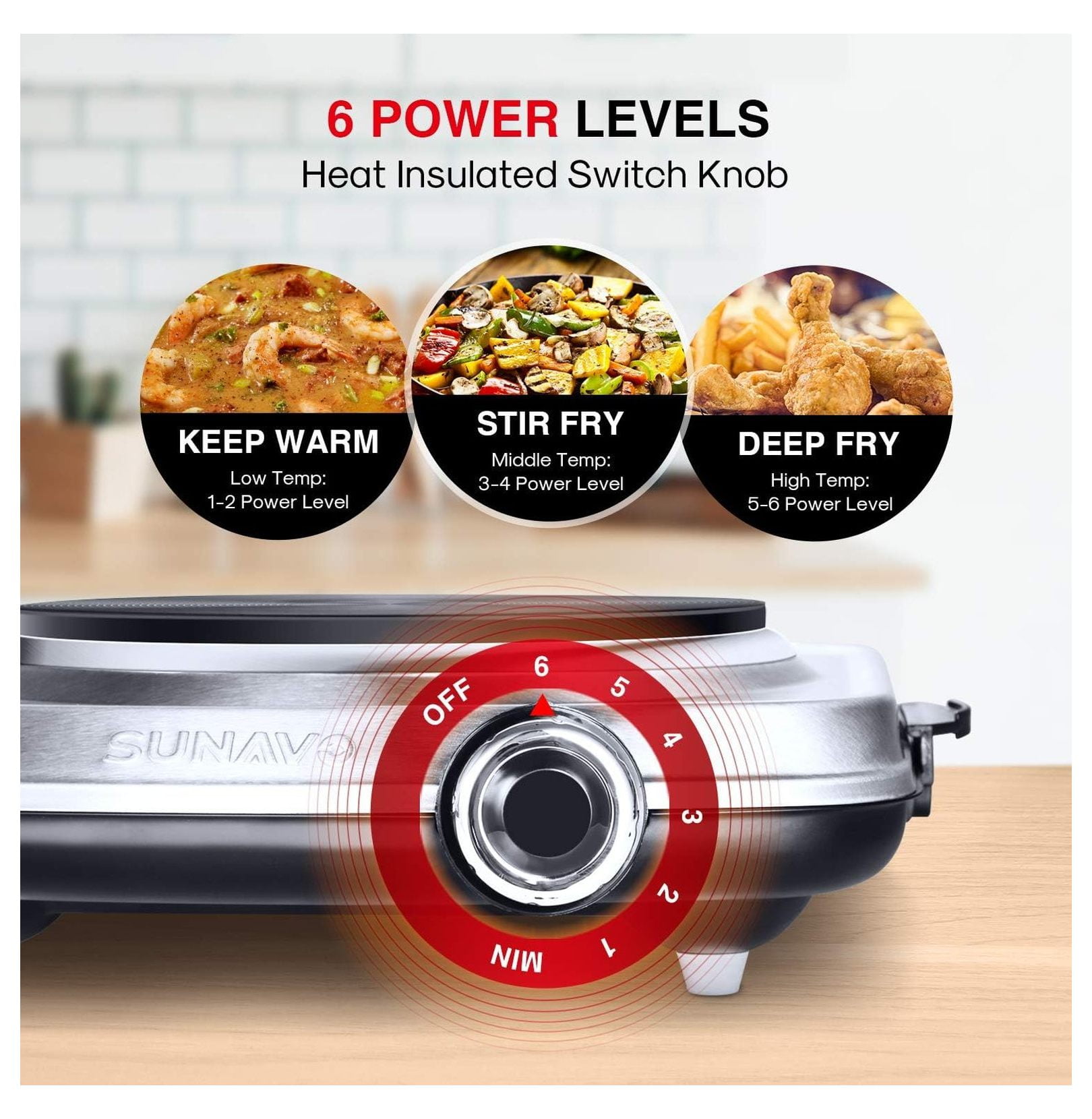 SUNAVO 1500W Hot Plates for Cooking, Electric Single Burner with Handles, 6 Power Levels Stainless Steel Hot Plate for Kitchen Camping RV and More Silver