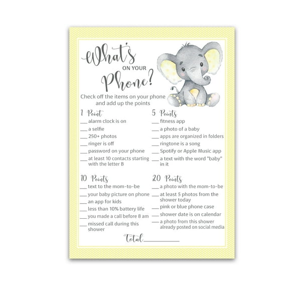 GENDER NEUTRAL Baby Shower Game — WHAT'S ON YOUR PHONE Baby Shower Game — Pack of 25 — YELLOW ELEPHANT Baby Shower Games, Cute Yellow Polka Dot Baby Elephant Baby Shower Game Activity G521-PHN