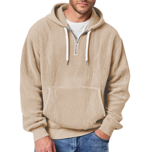 Yievot Hoodies for Men Quarter Zip Pullover Sweatshirts Casaul Long Sleeve Drawstring Waffle Knit Hooded Sweatshirt with Pocket