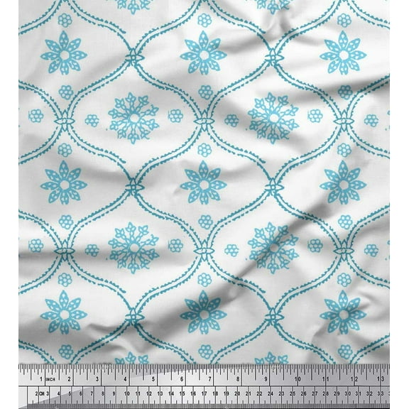 Soimoi Blue Cotton Voile Fabric Ogee Damask & Floral Block Print Fabric by the Yard 42 Inch Wide