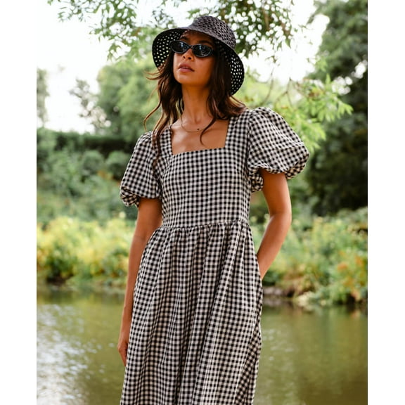 Black Gingham Midi Dress