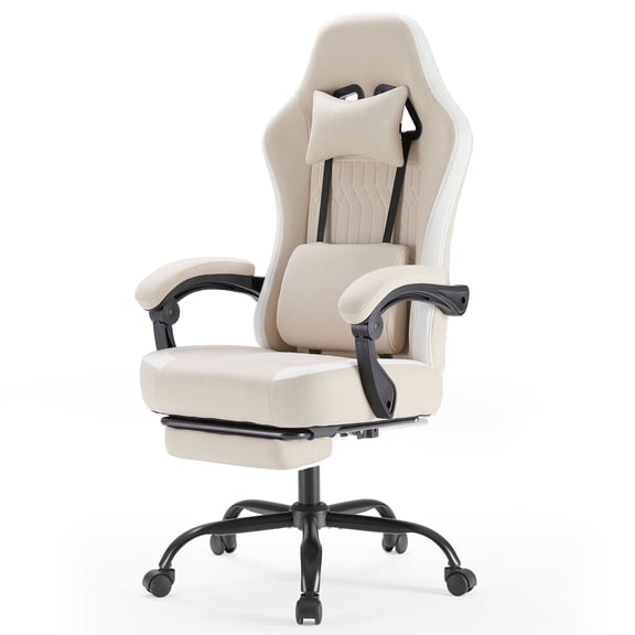 KPUY Computer Gaming Chair - Height Adjustable High Back Ergonomic Desk Seat with Footrest, Headrest and Lumbar Support, Khaki