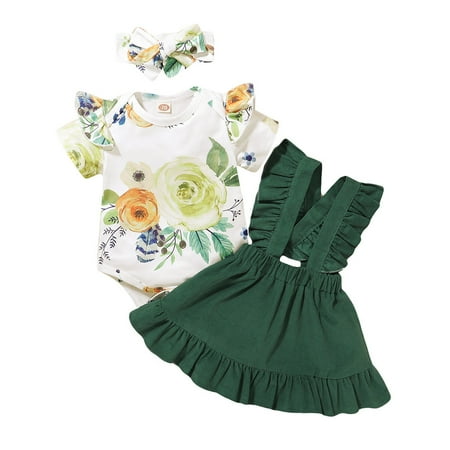 

FRSASU Kids Clothes Clearance Infant Baby Girls Ruffles Floral Print Romper Bodysuit+Suspender Skirts Outfits