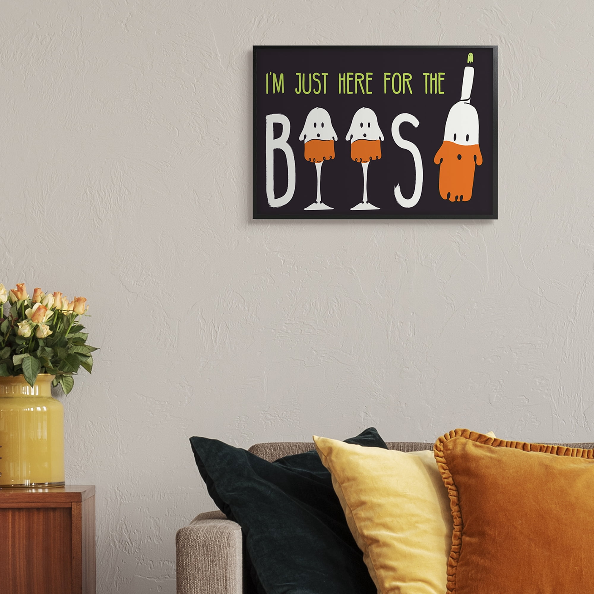 Stupell Industries Here for the Boos Phrase Halloween Ghost Pun Fairy Tales & Fantasy Painting Black Framed Art Print Wall Art, 16 x 20