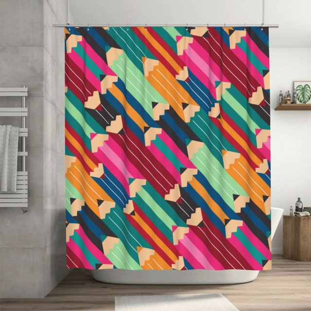 DouZhe Rideau de Douche Motif Crayons Colorés Abstraits avec 12 Crochets, Rideaux de Bain Imperméables pour Décorations de Salle de Bain, 72 x 72 Pouces