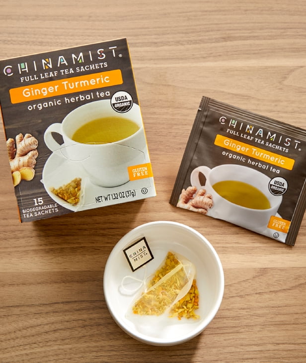 China Mist Full Leaf Tea Sachets, Ginger Turmeric Organic Herbal Tea, 2 boxes (15 count each)