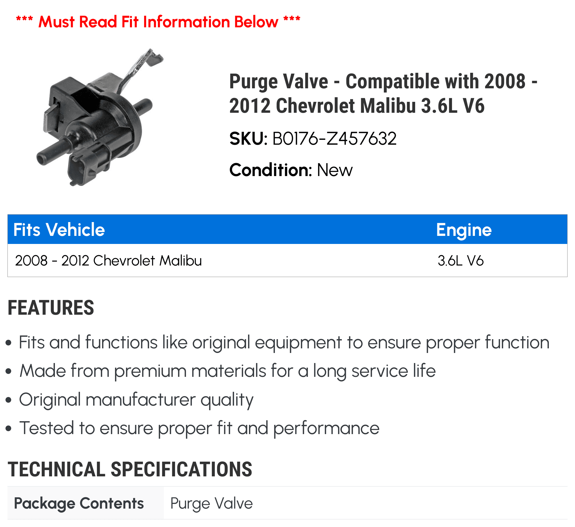 Purge Valve - Compatible with 2008 - 2012 Chevy Malibu 3.6L V6 2009 2010 2011