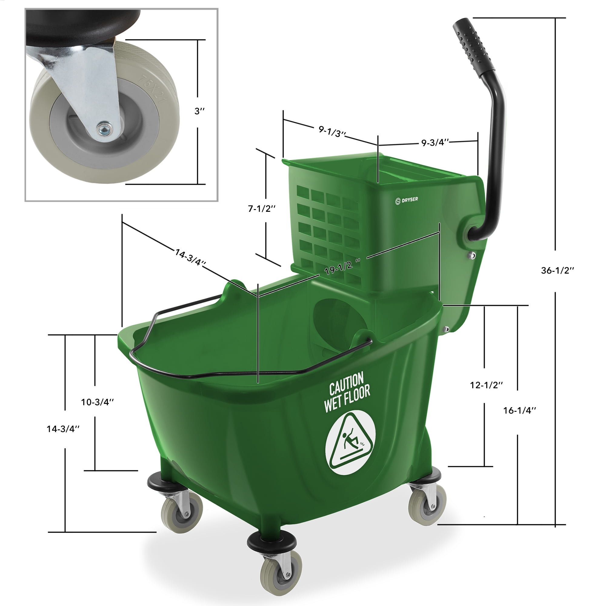 Dryser Commercial Mop Bucket with Side Press Wringer, 33 Quart, Green