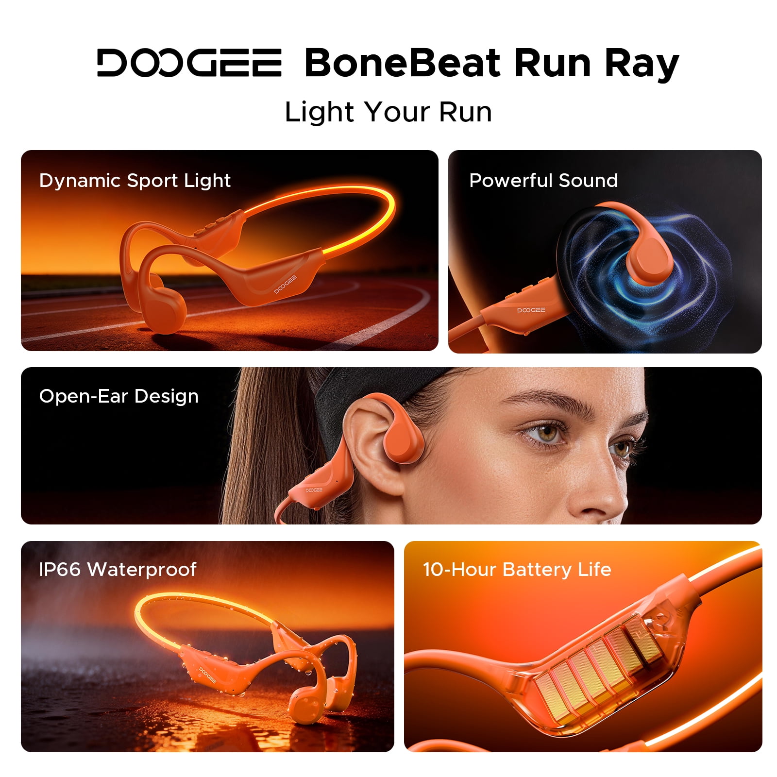 DOOGEE Bone Conduction Headphones, Running Headphones, Open-Ear Headphones, Sports with Safety LED Light, IP66 Waterproof, Bluetooth 6.0, 10H Playtime & Adjustable Band for Night Running
