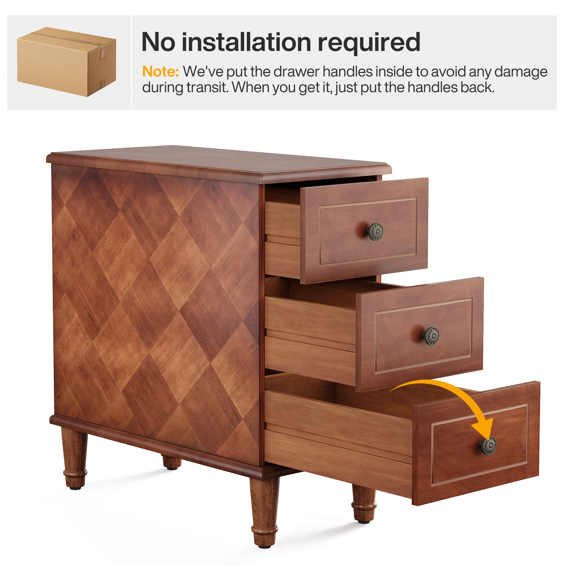 Fnova Side Tables with 3 Drawers, No Assembly Required, Narrow End Tables for Living Room, Nightstand Bedside Table for Bedroom, Walnut