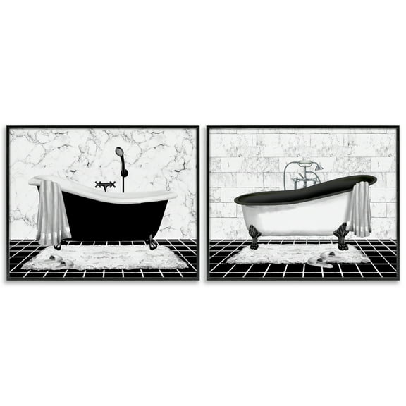 Stupell Industries Marble Clawfoot Soaking Tub Bath & Laundry Painting Black Framed Art Print Wall Art, 14 x 11, Set of 2